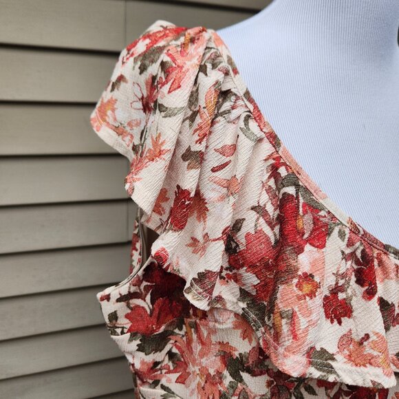 Cato Plus Multicolor Floral Print Dress Cream Red Flounce Hem Crepe Ruffle - Picture 5 of 16